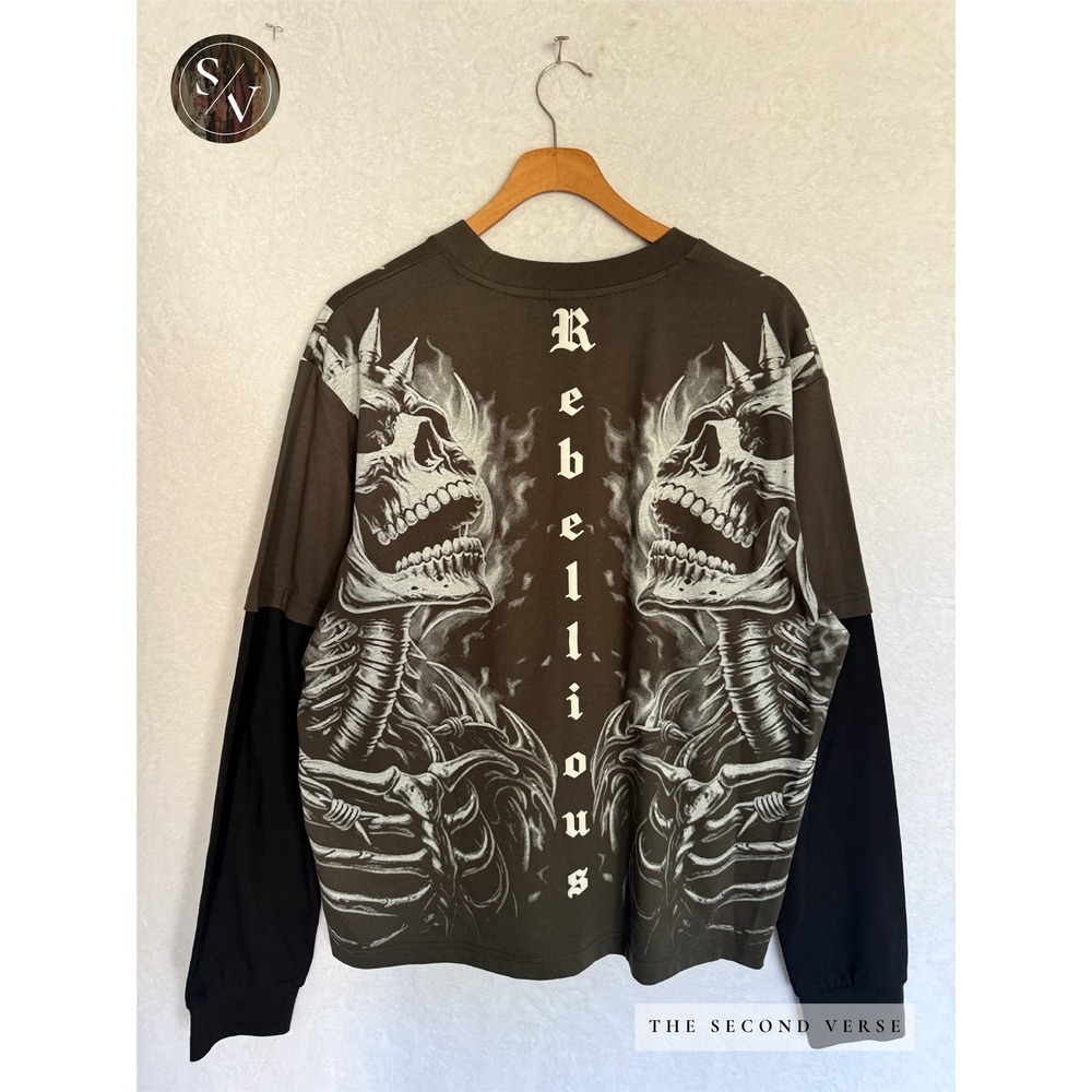 Rebellious Skull Graphic Long Slv Shirt Men Streetwear Goth Grunge Grey Black XL - Picture 5 of 7